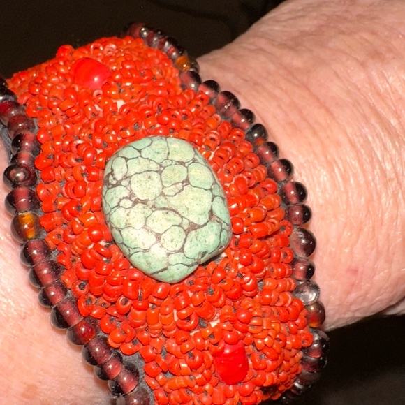 NavajoTrue Coral hand beaded Adjustable bracelet w TURQUOISE. - Picture 4 of 8